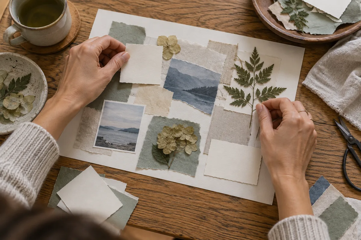 Hands arranging leaves and paper into a personal collage.