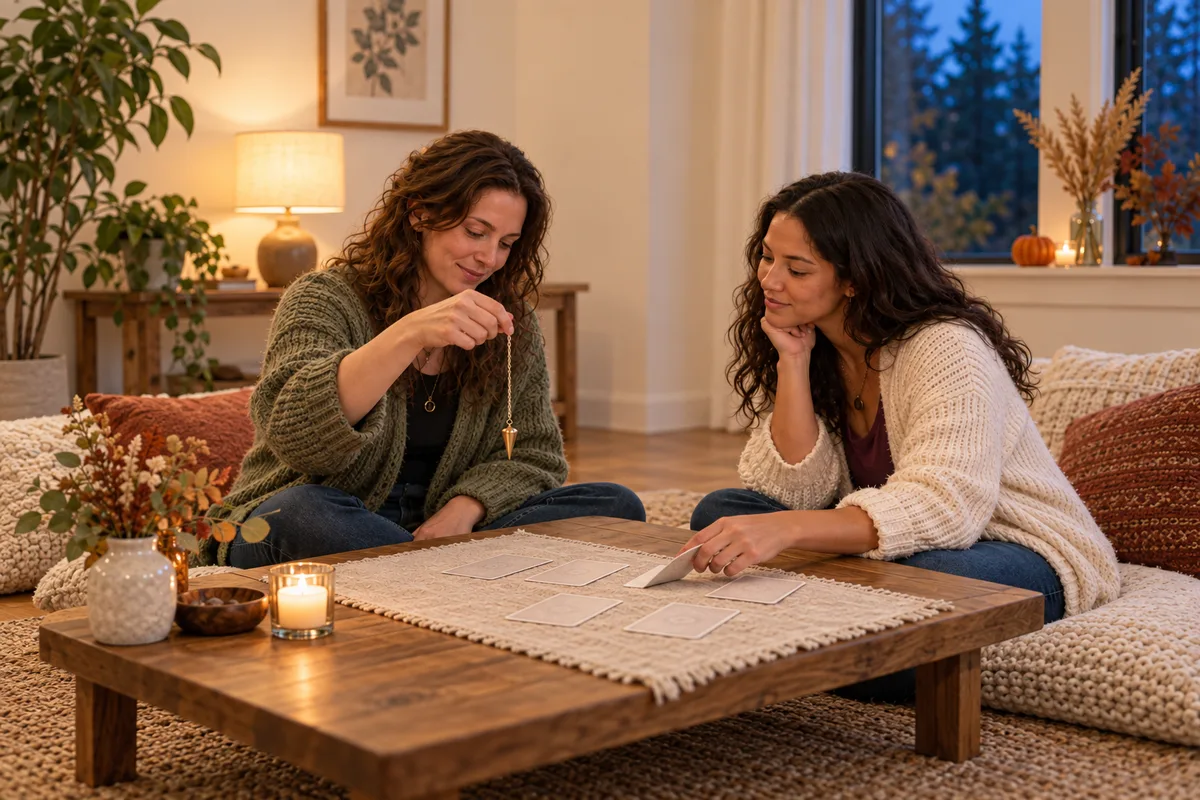 Two women at a candlelit table in an autumn living room, one holding a pendulum over a spread of cards.